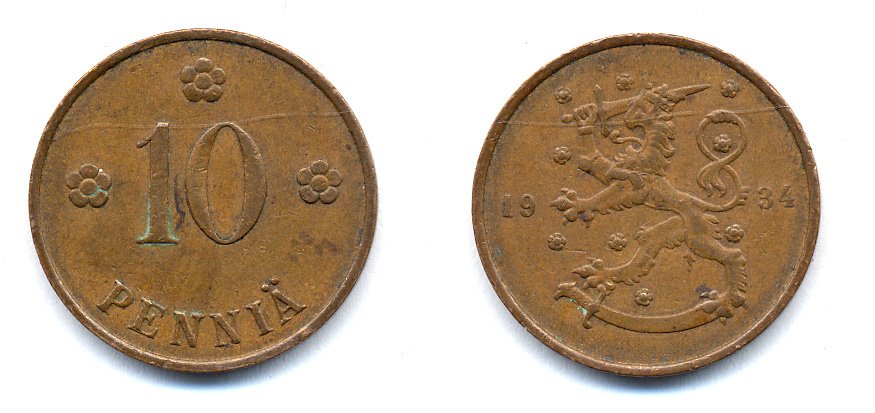 Финляндия 10 пенни 1934 республика (1918-1962) KM 24 медь 51-5425