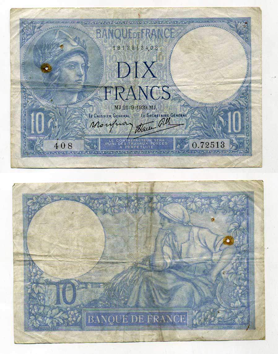 ФРАНЦИЯ 10 ФРАНКОВ 1939 21 СЕНТЯБРЯ 1939 Pick 84 бумага 450-89-3