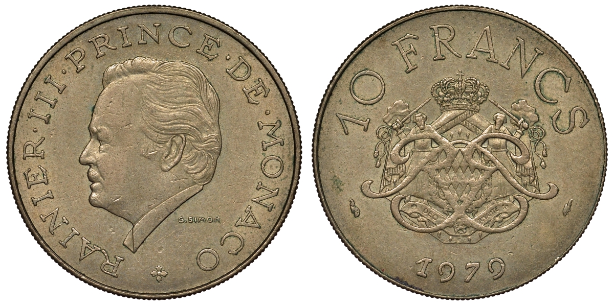 Монако 10 франков 1979 Ренье III (1949-2005) KM 154 медь никель алюминий 71-1244