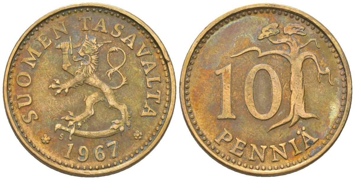 Финляндия 10 пенни 1967 S KM 46 алюминиевая бронза 4174-925