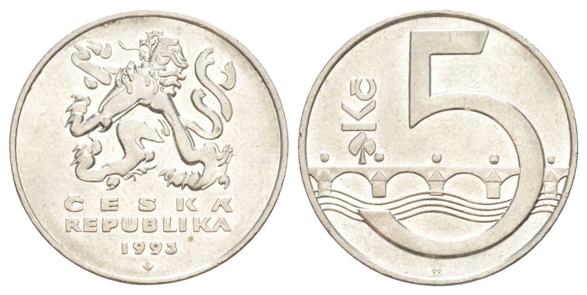 Чехия 5 крон 1993 чешский лев, Карлов мост KM 8 сталь плакированная никелем 4629-631