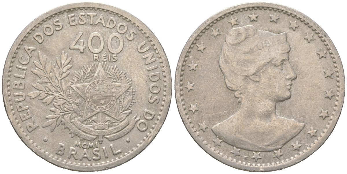 Бразилия 400 реалов 1901 MCMI, голова свободы вправо KM 505 медно-никель 4612-423