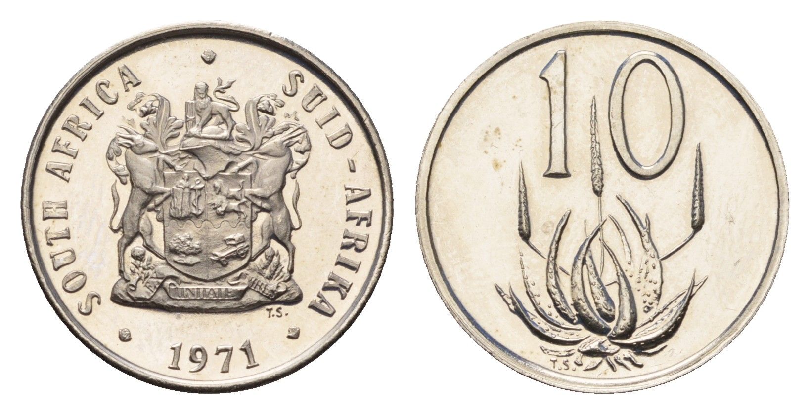 ЮАР 10 центов 1971 герб, цветок алоэ KM 85 никель PROOF 4690-1122