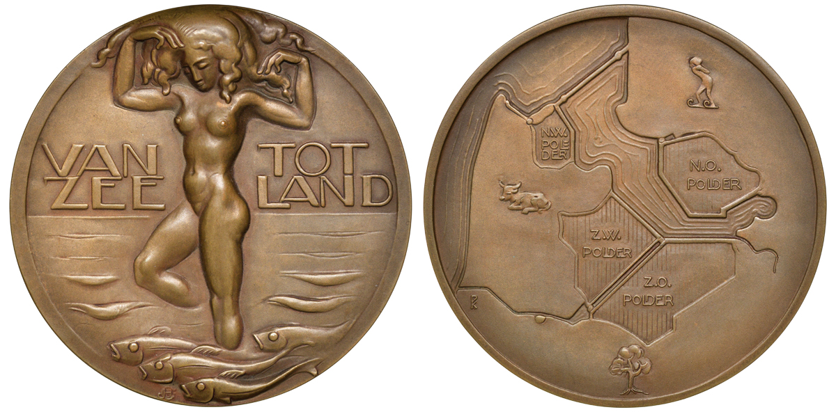 Нидерланды медаль 1930 обнаженная нимфа выходящая из северного моря, 60 мм бронза 10-004-05