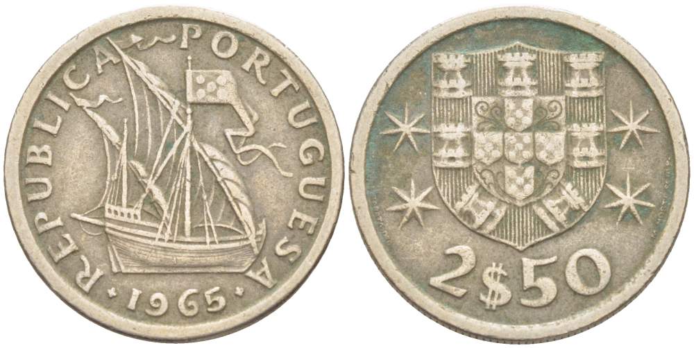 Португалия 2,5 эскудо 1965 парусник KM 590 медно-никель 4523-1046