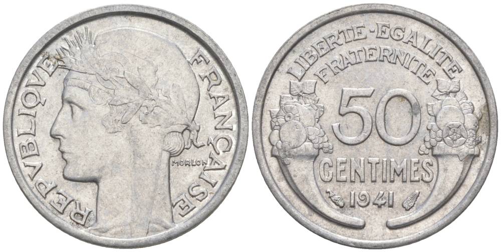 ФРАНЦИЯ 50 САНТИМОВ 1941 ТИП MORLON LOURDE KM 894.1a, LE FRANC 193.2 алюминий 44-255