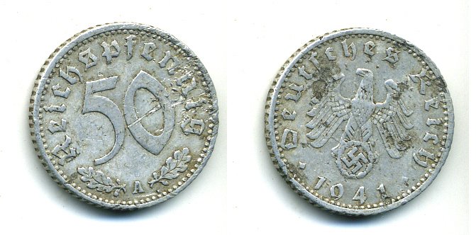 ГЕРМАНИЯ 50 РЕЙХСПФЕННИГОВ 1941 А KM 96, J. 372 алюминий 25-1734