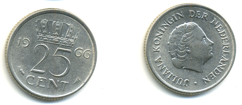 Нидерланды 25 центов 1966 Юлиана (1949-1980) KM 183 никель UNC 83-1022