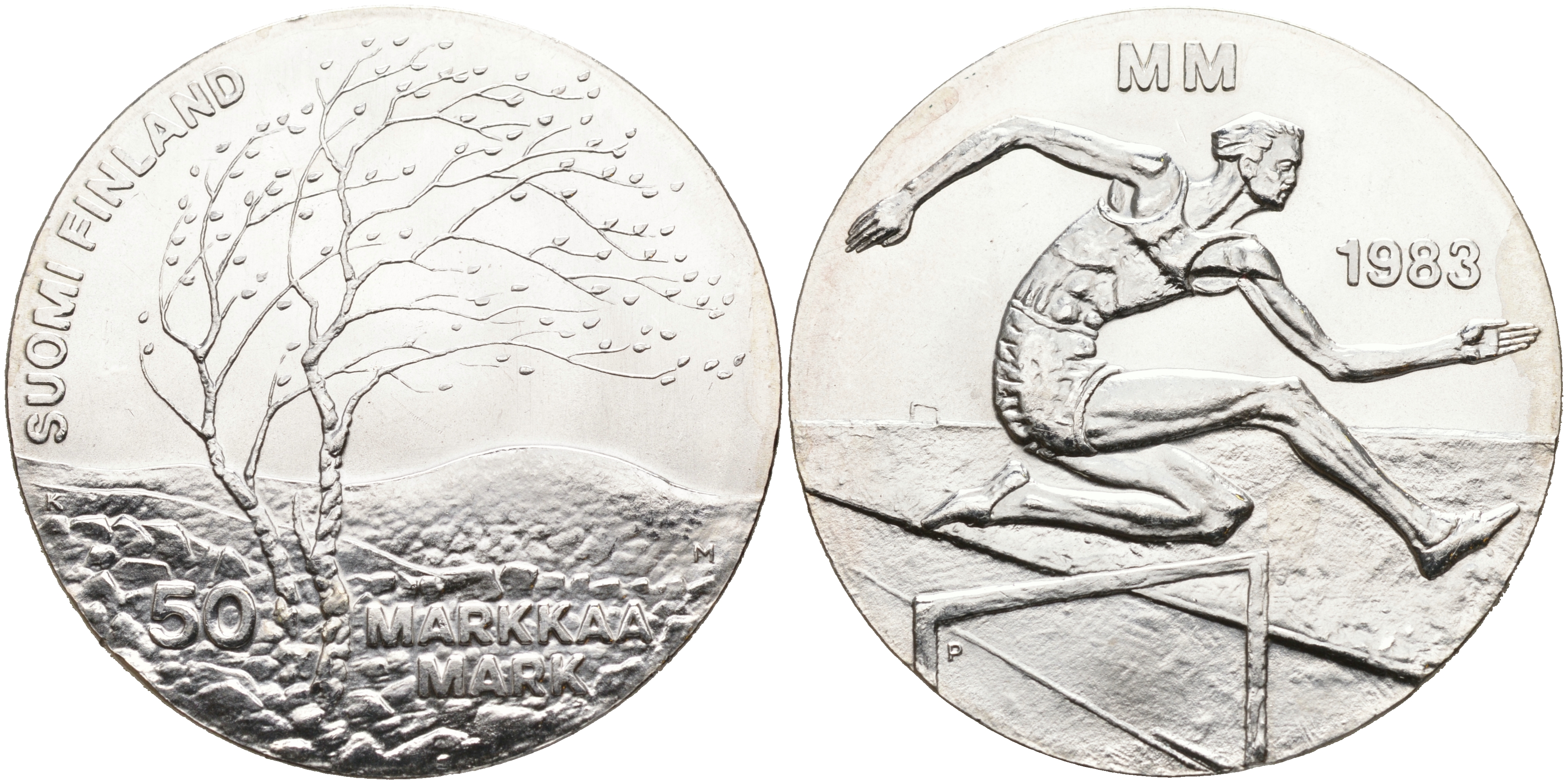 Финляндия 50 марок 1983 K-T, чемпионат мира по атлетике, бег с препятствиями KM 61 серебро UNC 4552-915