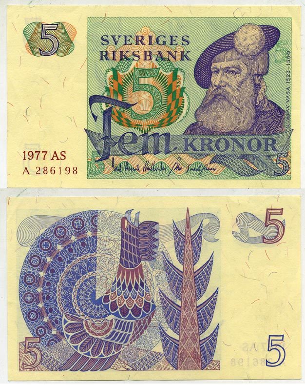 Швеция 5 крон 1977 AS, Густав I Ваза Pick 51d бумага aUNC 444-144-2