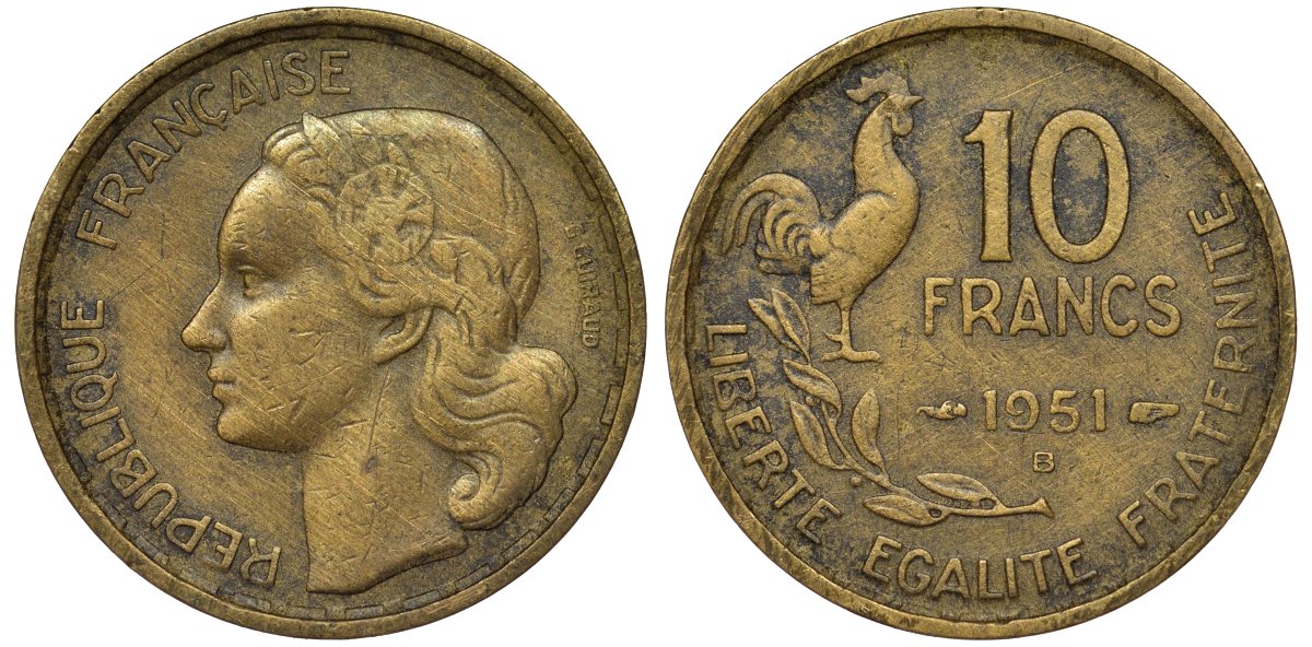 Франция 10 франков 1951 B, петух KM 915.2, Le Franc 363.5 алюминиевая бронза 4122-147