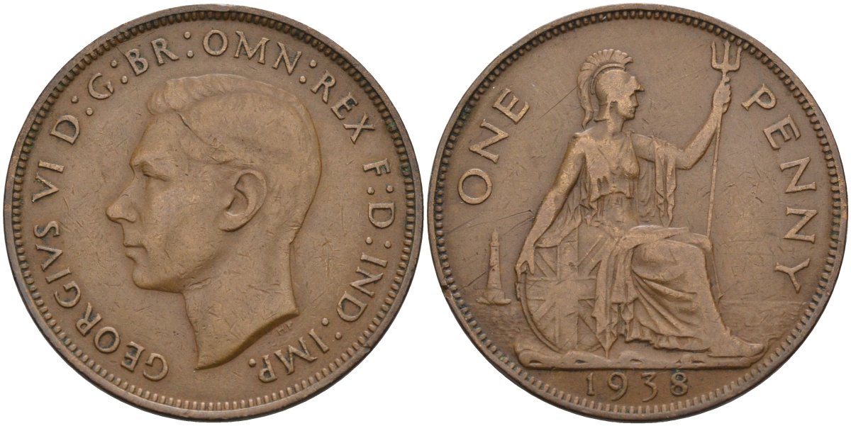 Великобритания 1 пенни 1938 Георг VI (1936-1952) KM 845, Spink 4114 бронза 4117-1225