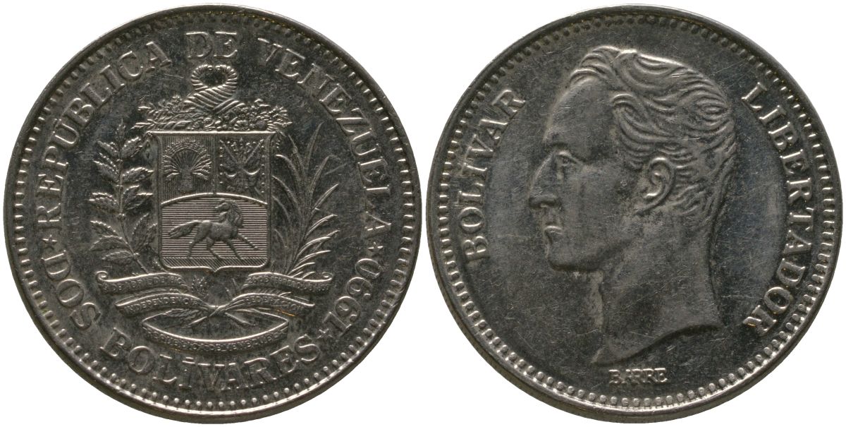 Венесуэла 2 боливара 1990 Combinations : 1 + A, Caracas mint KM 43a.1 сталь плакированная никелем 4529-336