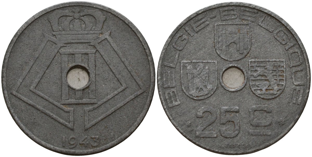 Бельгия 25 сантимов 1943 Belgie - Belgique, Леопольд III (1934-1947), германская оккупация, Вторая мировая война KM 132 цинк 4157-545