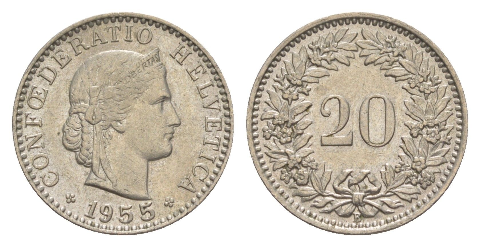 Швейцария 20 раппенов 1955 B KM 29a медно-никель 4625-1054