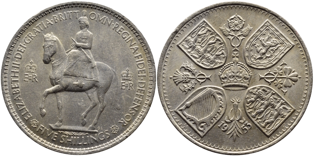 Великобритания 1 крона (5 шиллингов) 1953 коронация королевы Елизаветы, Елизавета II (1952-2022) Елизаветы KM 894, Spink 4136 медно-никель UNC 58-935