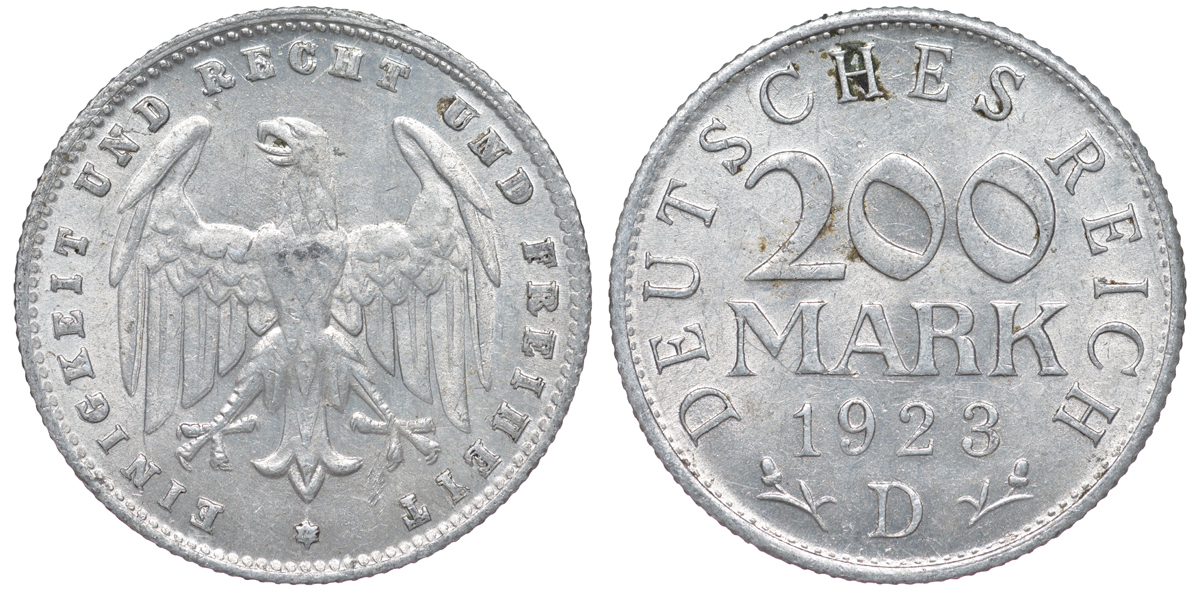 Германия 200 марок 1923 D KM 35, J. 304, Weege 22 алюминий 4604-621