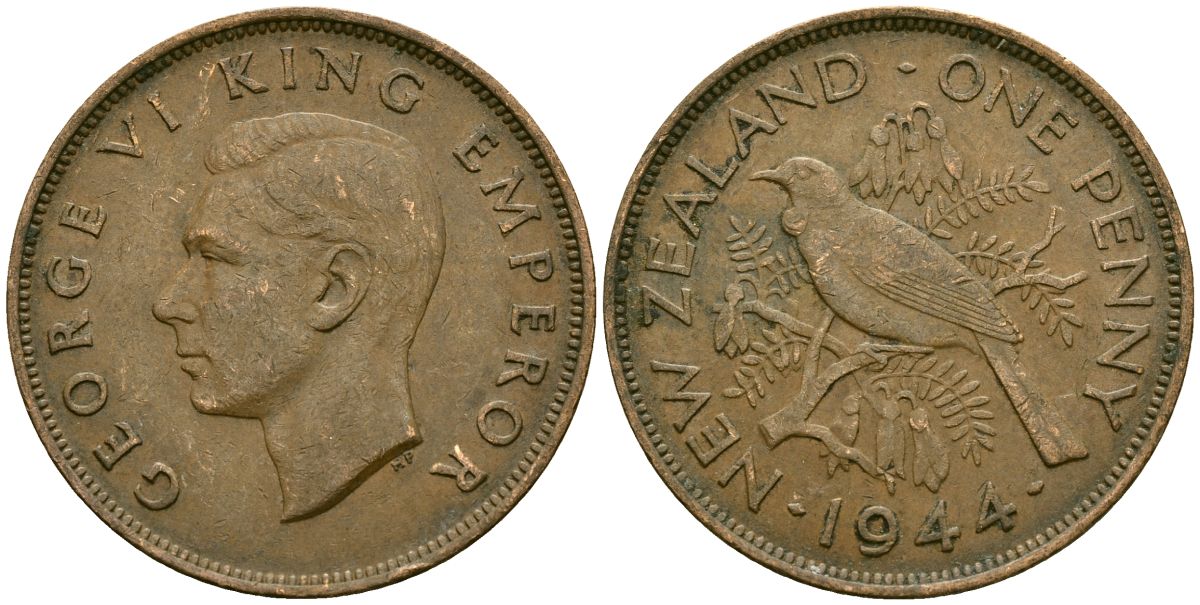 Новая Зеландия 1 пенни 1944 Георг VI (1936-1952), новозеландский туи KM 13 бронза 4165-1232