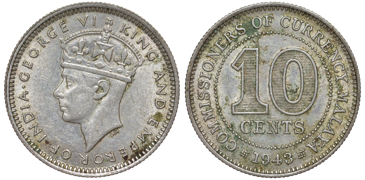 Британская Малайя 10 центов 1943 Георг VI (1937-1952) KM 4a серебро 53-231