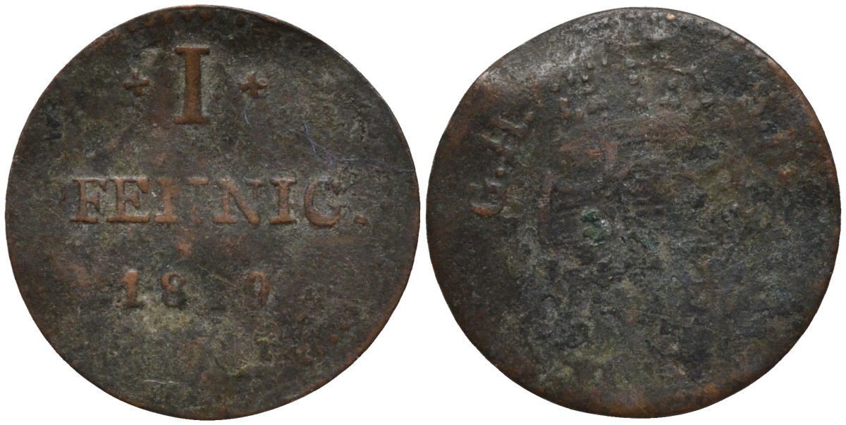 Гессен-Дармштадт 1 пфенниг 1819 GH-SM, Великий Герцог Людвиг I (1806-1830) KM 280 медь 4532-716