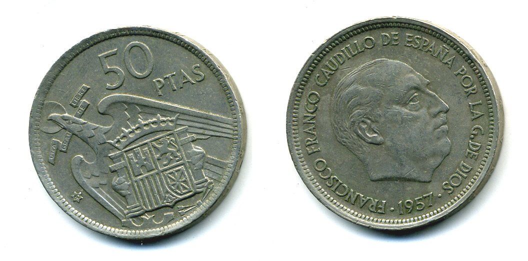 Испания 50 песет 1957 (60) Франциско Франко (1939-1975) KM 788 медно-никель 41-1043