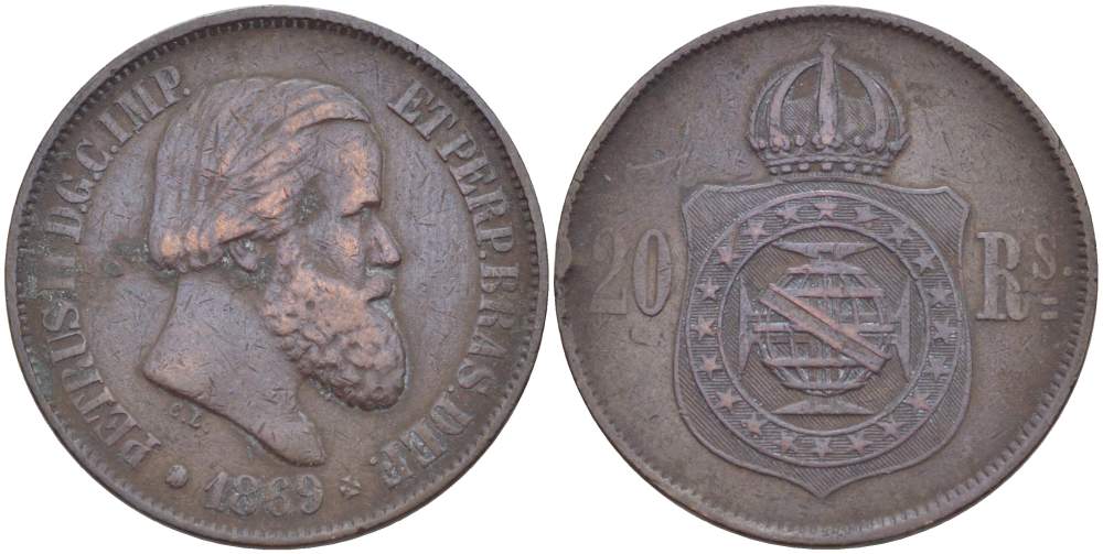 Бразилия 20 рейсов 1869 Педро II (1831-1889) KM 474 бронза 4529-453