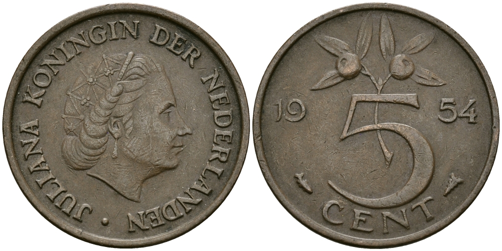 НИДЕРЛАНДЫ 5 ЦЕНТОВ 1954 ЮЛИАНА KM 181 бронза 95-314