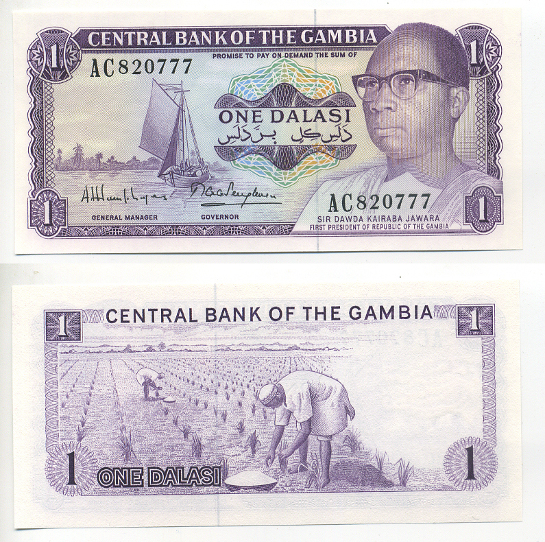 ГАМБИЯ 1 ДАЛАСИ 1971-1987 ПОДПИСЬ 8 Pick 4g бумага UNC (ПРЕСС) 6278-48-1