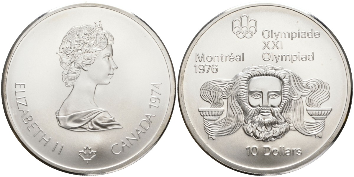 Канада 10 долларов 1974 XXI летние Олимпийские игры в Монреале 1976 года, голова Зевса KM 93 серебро UNC 1525-433