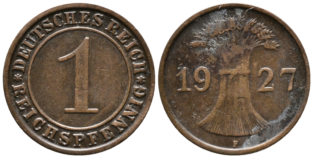 ГЕРМАНИЯ 1 РЕЙХСПФЕННИГ 1927 F KM 37, J. 313 бронза 39-946