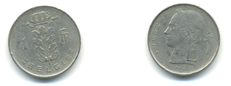 Бельгия 1 франк 1952 Belgie, Бодуэн I (1951-1993) KM 143.1 медно-никель 176-546