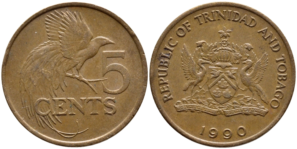 Тринидад и Тобаго 5 центов 1990 райская птица KM 30 бронза 4398-143