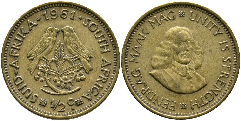 ЮАР 1/2 ЦЕНТА 1961 ЯН ВАН РИБЕК (1619-1677), ГОЛЛАНДСКИЙ ИССЛЕДОВАТЕЛЬ, ДВЕ ПТИЧКИ KM 56 латунь 3336-1253