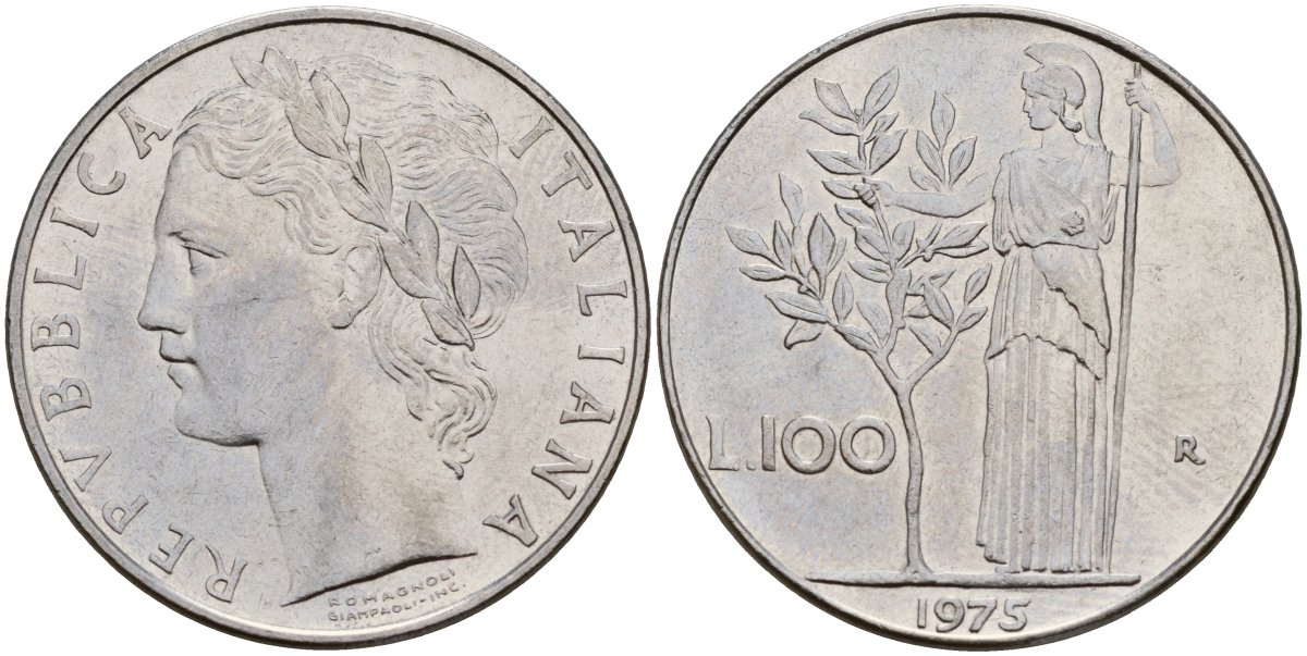 Италия 100 лир 1975 R, Афина у оливкого дерева KM 96.1 нержавеющая сталь 4131-1113