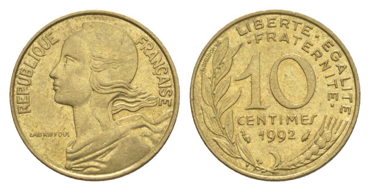 Франция 10 сантимов 1992 тип Morlon KM 929, Le Franc 144.33 алюминиевая бронза UNC 4630-365