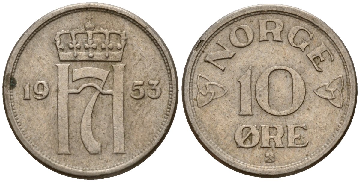 Норвегия 10 эре 1953 Хокон VII (1906 - 1957) KM 396 медно-никель 4154-762