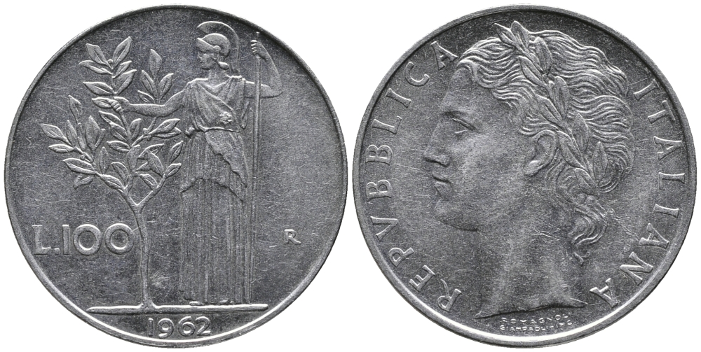 ИТАЛИЯ 100 ЛИР 1962 R, АФИНА KM 96.1 сталь 32-946