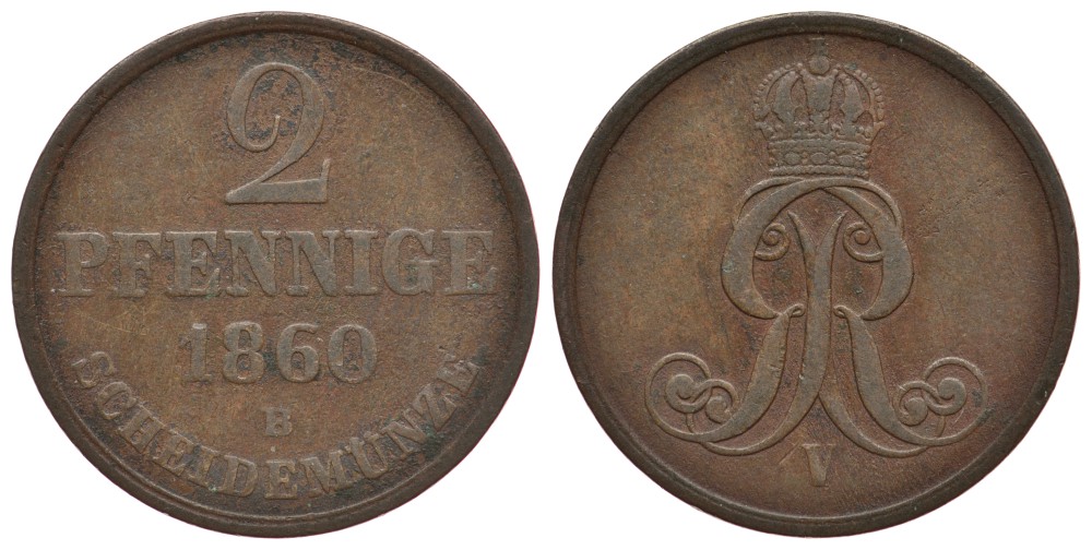 ГАННОВЕР 2 ПФЕННИГА 1860 KM 234, Jaeger 91, AKS 153 медь 413-3713