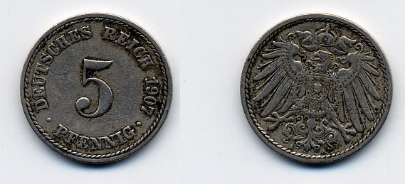 ГЕРМАНИЯ 5 ПФЕННИГОВ 1907 A, KM 11, J. 12 медно-никель 84-1511