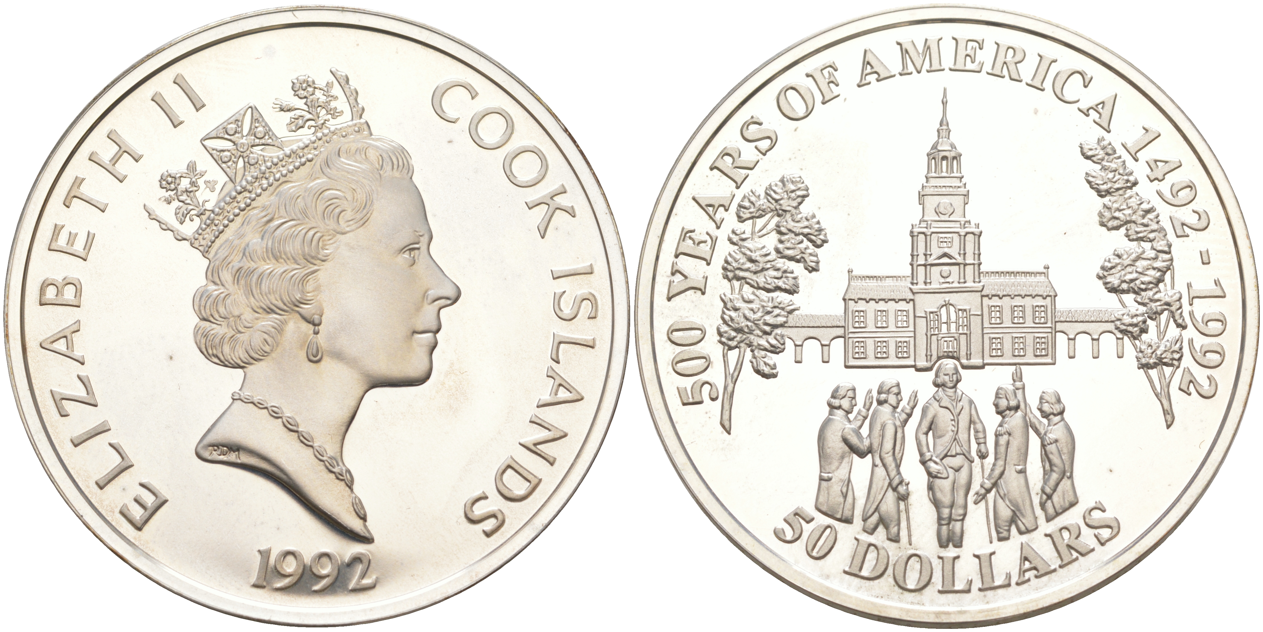 ОСТРОВА КУКА 50 ДОЛЛАРОВ 1992 500 ЛЕТ ОТКРЫТИЮ АМЕРИКИ, ИНДЕПЕНДЕНС-ХОЛЛ, ВЕС 31,1035 ГР. KM 200 серебро PROOF 1074-7-13