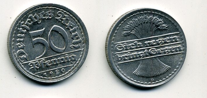 ГЕРМАНИЯ 50 ПФЕННИГОВ 1920 D KM 27, J. 301 алюминий 57-513