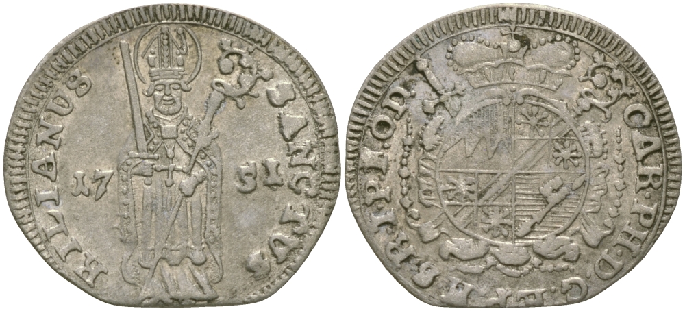 Вюрцбург 1 шиллинг 1751 святой Килиан KM 339(C6) серебро 4044-112