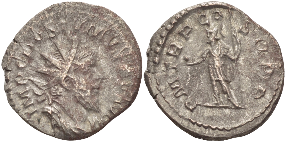 Римская Империя (императоры в Галлии) антониниан 261 Постум. IMP C POSTVMVS P F AVG / P M TR P COS II P P, император в военном доспехе, держит копье и сферу, Августа Треверов, Good Very fine RIC 54 биллон 1073-12-43