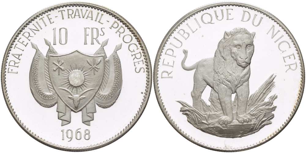 Нигер 10 франков 1968 лев, без черты над Е, в слове Republique KM 8.2 серебро PROOF 02-073-15