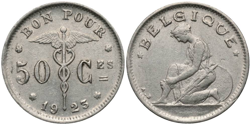 БЕЛЬГИЯ 50 САНТИМОВ 1923 BELGIQUE, АЛЬБЕРТ I (1909-1934) KM 87 никель 27-121