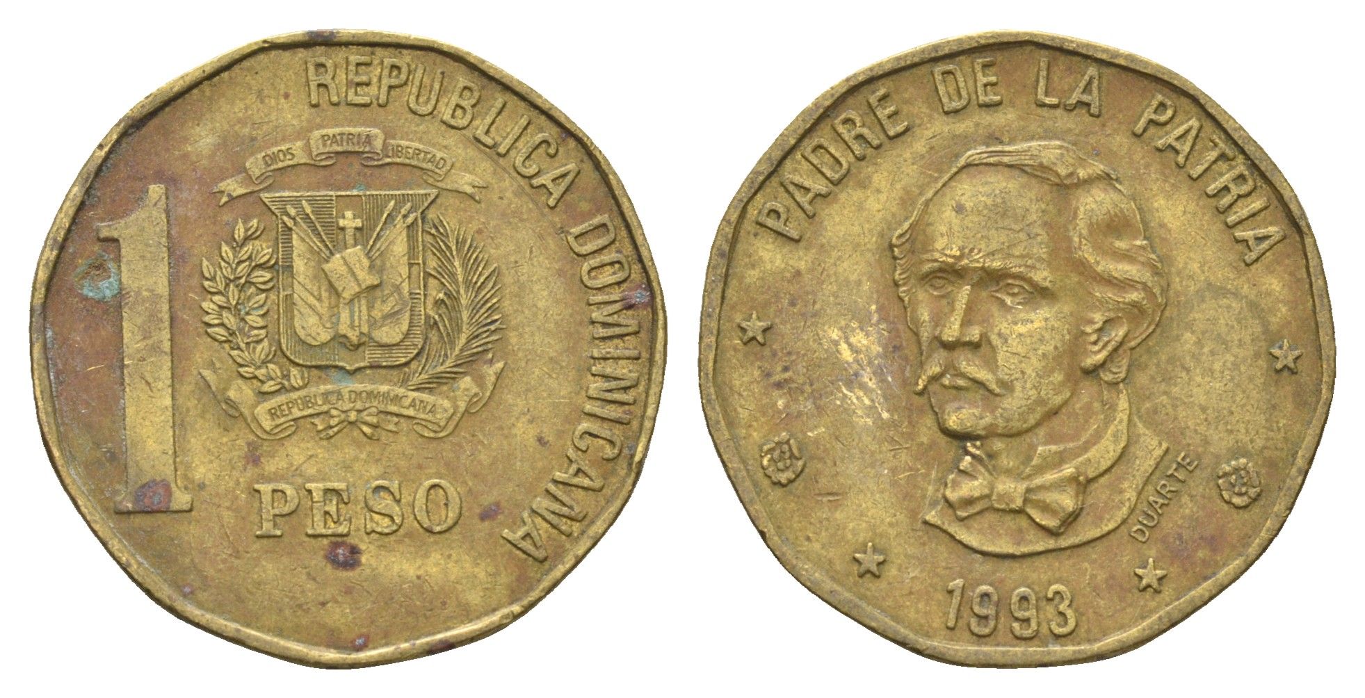 Доминиканская Республика (Доминикана) 1 песо 1993 Хуан Пабло Дуарте KM 80.2 латунь 4663-914