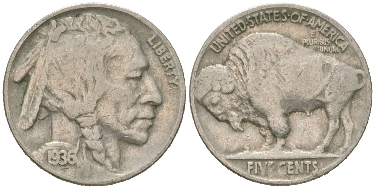 США 5 центов 1936 индеец, бизон KM 134 медно-никель 4614-1244