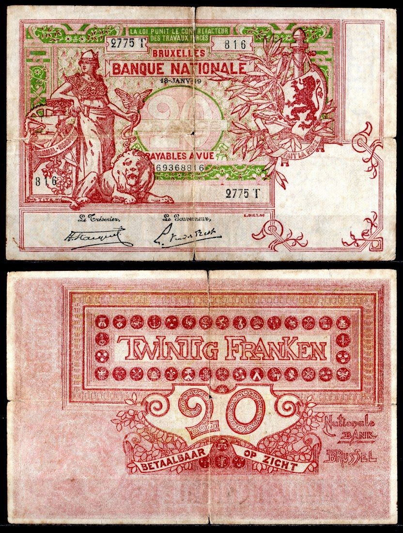Бельгия 20 франков 1919 Pick 67 (3) бумага 8613-7-1-1