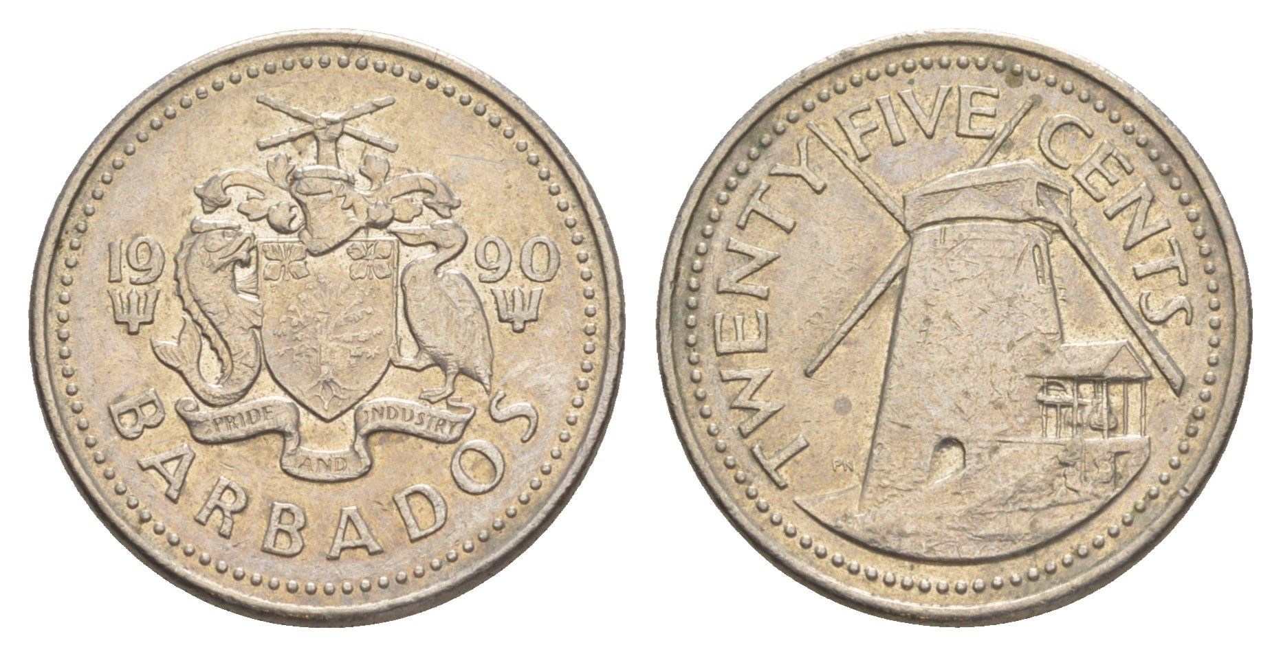 Барбадос 25 центов 1990 ветряная мельница Моргана Льюиса KM 13 медно-никель 4646-231