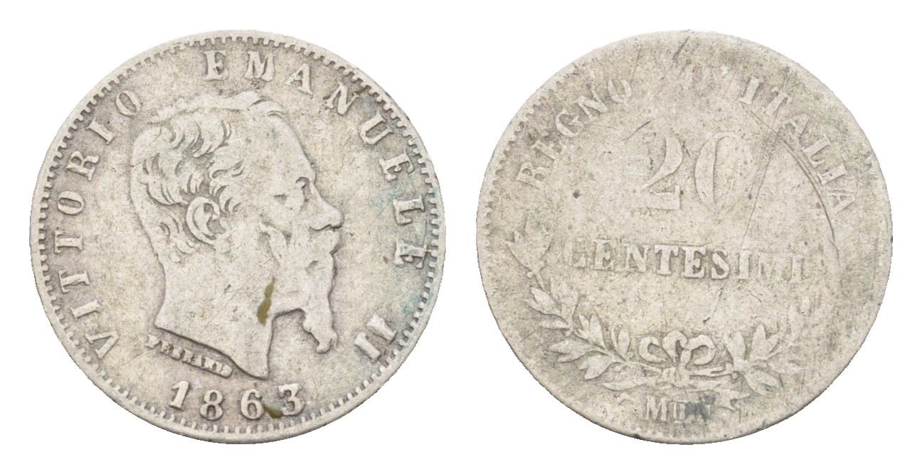Италия 20 чентезимо 1863 M, Виктор Эммануил II (1861-1878) KM 13.1 серебро 4580-1249